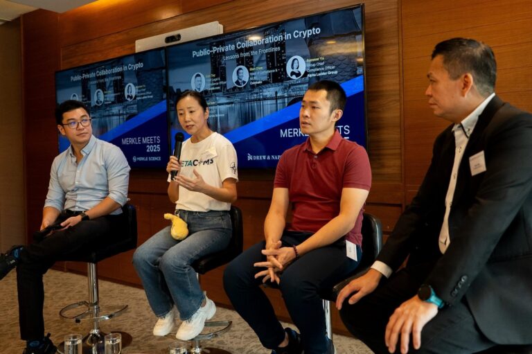 SFF 2025 Merkle Science Meets 2025 Public-Private Collaboration in Digital Asset Compliance Summer Yu (MetaComp), Ezra Tay, (Travala.com), Glen Chee (Coinhako), Ian Lee (Merkle Science) (3)